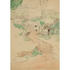 Jessie M. King, PATH THROUGH WOODLAND COTTAGES, pencil and watercolour on buff paper