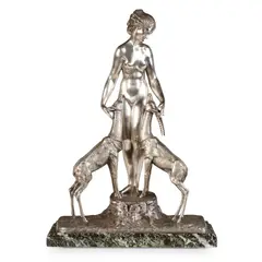 Marcel Bouraine, ‘DIANA WITH STAG & HIND', CIRCA 1925, silvered bronze, raised on a moulded marble plinth