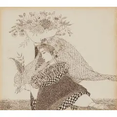 LADY WALKING IN A GARDEN by Annie French, pen and ink on paper, framed, sold Apr 2023