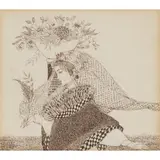 Annie French, LADY WALKING IN A GARDEN, pen and ink on paper, framed