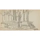 Jessie M. King, 'THE CARRÉS D'ATALANTE IN THE TUILERIES GARDENS', pen and ink on paper, initialled lower right JMK