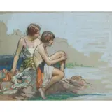 Francis Patrick Martin, BATHERS ON THE ROCKS, Pastel on blue-grey paper