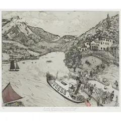 Chris Orr, A PARTY OF RUSKINIANS DISEMBARKING AT BRANTWOOD WATCHED BY THE GHOST OF THE OLD MAN HIMSELF, 2004, Etching with hand-colouring, 8/24