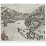 Chris Orr, A PARTY OF RUSKINIANS DISEMBARKING AT BRANTWOOD WATCHED BY THE GHOST OF THE OLD MAN HIMSELF, 2004, Etching with hand-colouring, 8/24