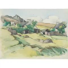 Ernest Archibald Taylor, COTTAGES ON THE HILLSIDE, Charcoal and watercolour