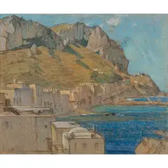 Walter Herbert Allcott, NORTH AFRICAN COASTAL TOWN, pastel on buff paper