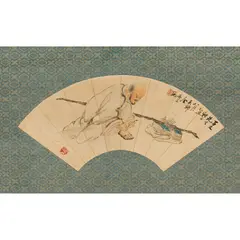 Mengshi Jin, LUOHAN WITH BOOKS, DATED 1925AD, ink and colour on paper of fan shape, further mounted on textile, depicting a kneeling arhat tying up his shoelace