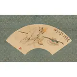 Mengshi Jin, LUOHAN WITH BOOKS, DATED 1925AD, ink and colour on paper of fan shape, further mounted on textile, depicting a kneeling arhat tying up his shoelace