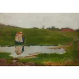 George Heming Mason, CHILDREN BY A POND – STUDY FOR ‘CHILDREN FISHING’, Oil on board