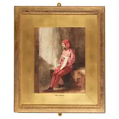 John Absolon, RED COSTUMED MALE FIGURE, pencil and watercolour with scratching out