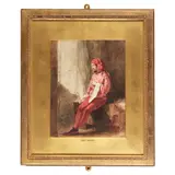 John Absolon, RED COSTUMED MALE FIGURE, pencil and watercolour with scratching out