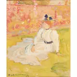 Edmund Joseph Sullivan, WOMAN IN WHITE ON GRASS IN WALLED GARDEN, pencil and watercolour heightened with white