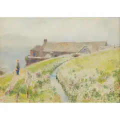 John William North, A WATERMILL BY THE SEA, DEVON (OR BEER HEAD, DEVON), pencil and watercolour with scratching out