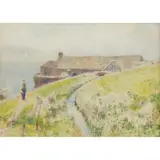 John William North, A WATERMILL BY THE SEA, DEVON (OR BEER HEAD, DEVON), pencil and watercolour with scratching out