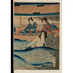 EDO PERIOD, 1865 by Utagawa Kunisada II, a oban tate-e triptych print showing Prince Genji in a boat with attendant page and a lady watching female awabi (abalon, sold Nov 2021