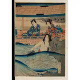 Utagawa Kunisada II, EDO PERIOD, 1865, a oban tate-e triptych print showing Prince Genji in a boat with attendant page and a lady watching female awabi (abalone) divers called ama