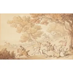 Thomas Rowlandson, STAG HUNTING WITH ONE OF THE FIELD TAKING A FALL, Pen and ink and watercolour