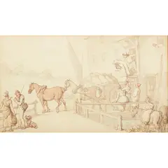 Thomas Rowlandson, FIGURES AND HORSES OUTSIDE A MILL, Pen and ink and watercolour