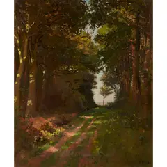 SUNLIT PATH THROUGH THE WOODS by Vereker Monteith Hamilton, oil on canvas, sold Oct 2021