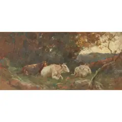 Arthur Lemon, CATTLE RESTING IN A WOODED LANDSCAPE, EVENING, oil on canvas