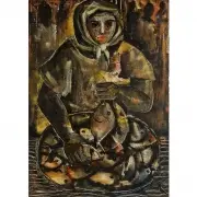 Woman with Fish by Paco Gorospe, Oil on canvas, sold Oct 2019