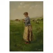 Joseph Kleitsch, Shepherdess with Sheep in a Field, Oil on canvas
