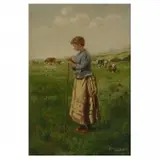 Joseph Kleitsch, Shepherdess with Sheep in a Field, Oil on canvas