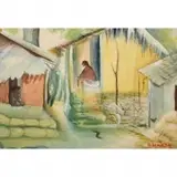 S. H. Raza, Village Scene, Watercolor on paper