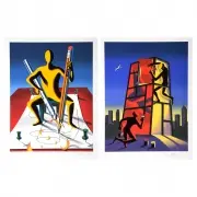 Mark Kostabi, Panic in the Minefield and Careful with that Ax, Eugene, Serigraph