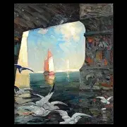 Under the Bridge Sail Boat and Seagulls, LA Harbor by Frank Coburn, Oil on board, sold Jan 2020