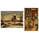 Louis van der Pol, Winter Sky and Feeding the Chickens, Oil on panel