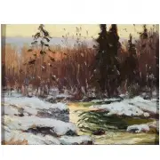 Gustave Adolph Wiegand, Snow at Sundown, Oil on board