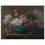 Paul Biva Floral, Still Life of Flowers in Blue Bowl, Oil on canvas