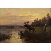 Federick Von Luerzer, Moose on the River Bank, Oil on canvas