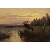 Federick Von Luerzer, Moose on the River Bank, Oil on canvas