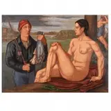 Norbert Schlaus, Nude with Fisherman, Oil on canvas
