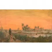 Max Moreau, Orientaliste Figure in Landscape, Mixed Media on paper