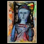 Polia Pillin, Girl Holding Flower, mixed media on paper
