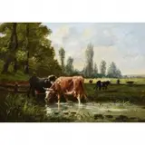 Emile Van Marcke De Lummen, Cattle at the stream in an open pasture, Oil on canvas