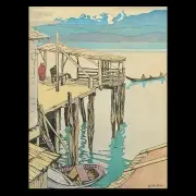 Walter J. Phillips, Jim Kings Wharf, Alert Bay BC, color woodcut