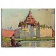 San Win, Women and child at waters edge in front of Mandalay Palace wall and bastion, oil on panel