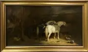Achille Giroux, Horses in the Barn, oil on panel