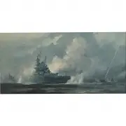 Rodolfo Claudus, Battle of Guadalcanal 11/15/1942...South Dakota against Battleship Nidponica Kirishima, oil on masonite