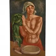 Norbert Schlaus, Female Nude with Green Fabric, oil on canvas