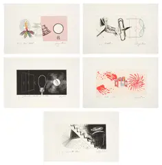 Fast-Feast; Headlines; Living Room Furniture for E. Rukin; Bottomless House; and Toy on the Stair, from Six Etchings Suite (G. 96-100) by James Rosenquist, 1972, Five etchings, two with hand-coloring, two with pochoir and one with relief, on Pescia Italia paper, with full margins, sold Apr 2025