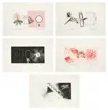 James Rosenquist, Fast-Feast; Headlines; Living Room Furniture for E. Rukin; Bottomless House; and Toy on the Stair, from Six Etchings Suite (G. 96-100), 1972, Five etchings, two with hand-coloring, two with pochoir and one with relief, on Pescia Italia paper, with full margins