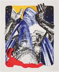 Clotilde Jiménez, Baptism at Night, 2021, Lithograph in colors with red paper Chine collé and embossing, on Rives BFK paper, with full margins
