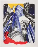 Clotilde Jiménez, Baptism at Night, 2021, Lithograph in colors with red paper Chine collé and embossing, on Rives BFK paper, with full margins