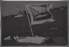 LaToya Ruby Frazier, Holding flag laying at the edge of Pier 54 and the Hudson River, 2014, U.V. digital print, on denim