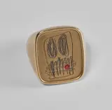 Rashid Johnson and Liz Swig, Anxious Men Gold Signet Ring, 2020, 9 karat gold signet ring with rhodium engraving, red enamel and ruby